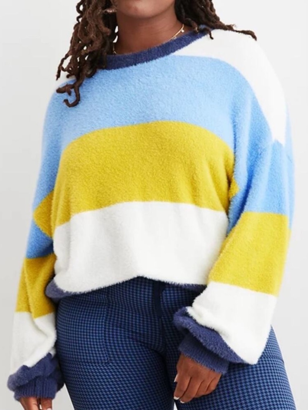 aerie Oversized Fuzzy Striped Crewneck Sweater - Blue, White & Yellow Small